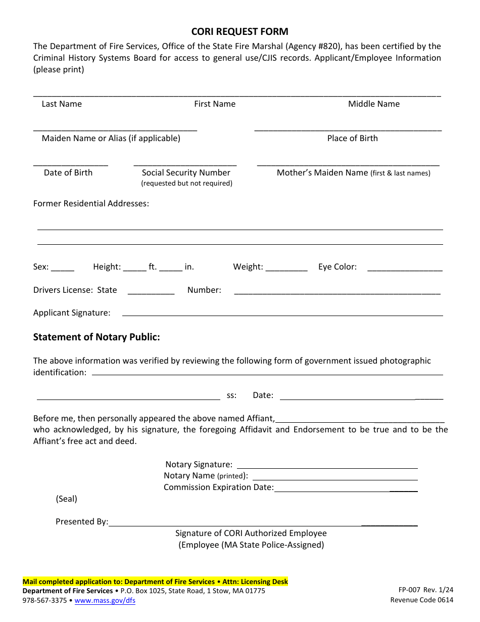 Form FP-007 Download Printable PDF or Fill Online Application for ...