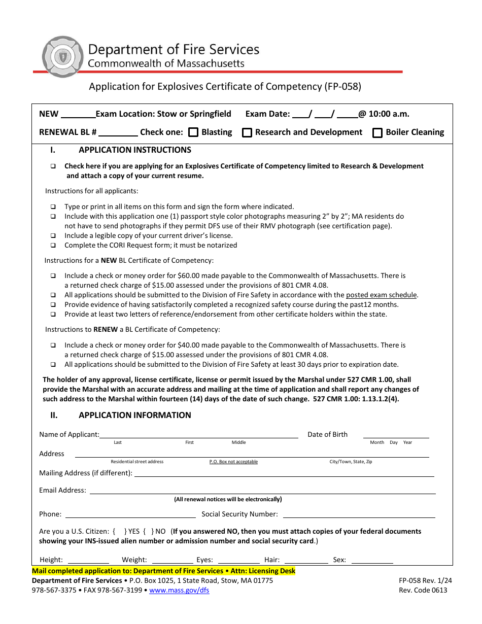 Form FP-058 Download Printable PDF or Fill Online Application for ...