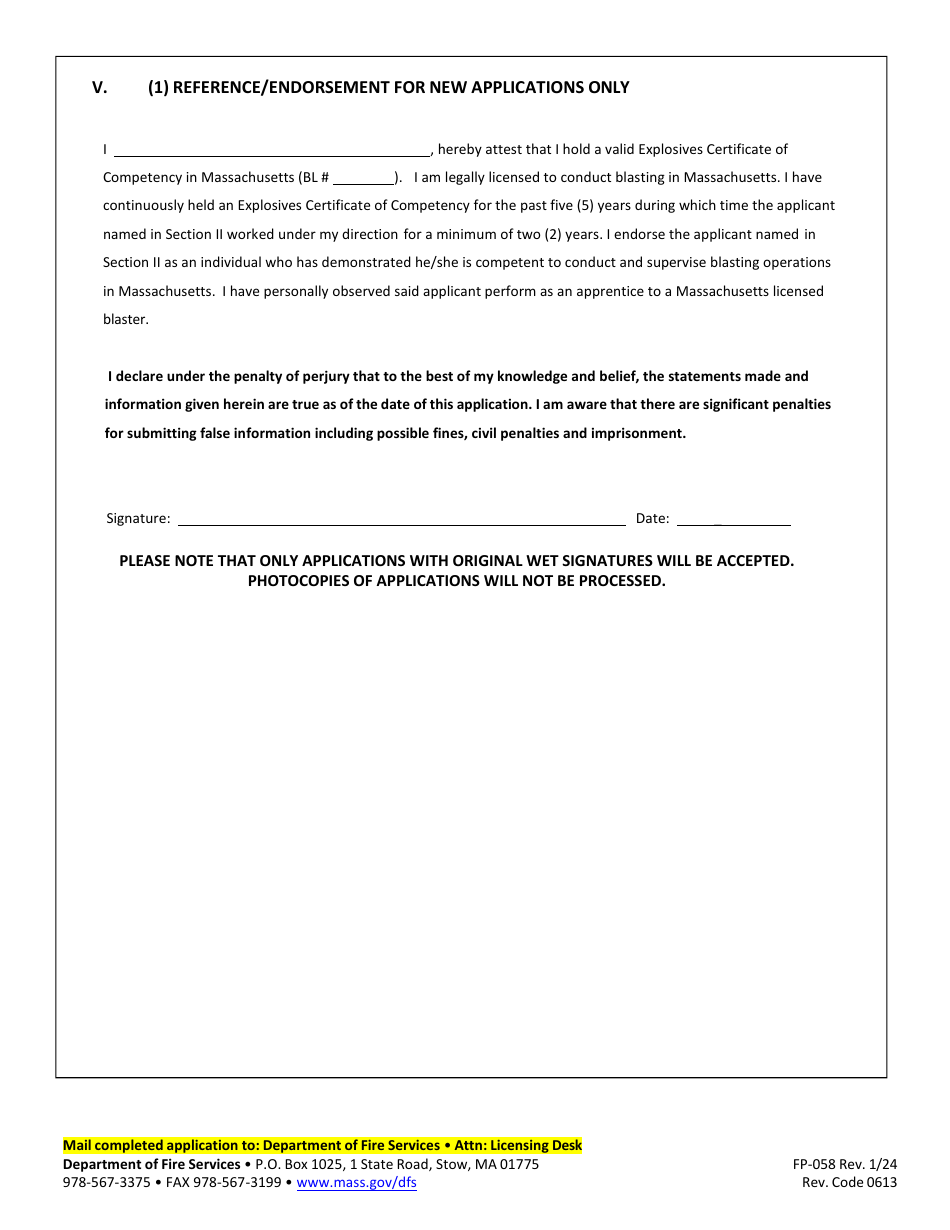 Form FP-058 Application for Explosives Certificate of Competency - Massachusetts, Page 4