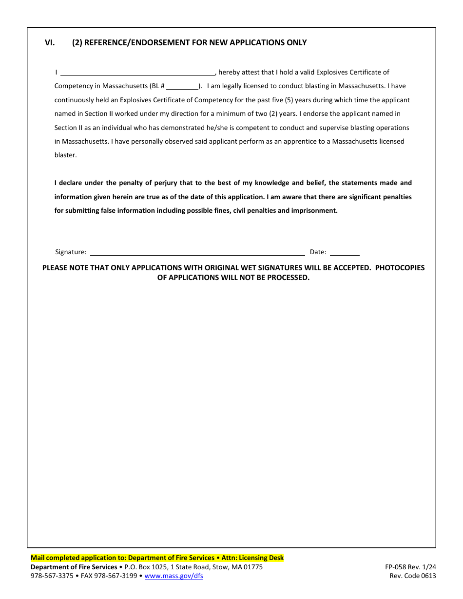 Form FP-058 Application for Explosives Certificate of Competency - Massachusetts, Page 5