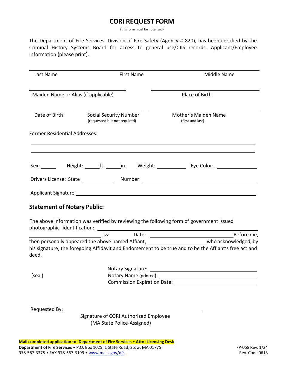 Form FP-058 Download Printable PDF or Fill Online Application for ...