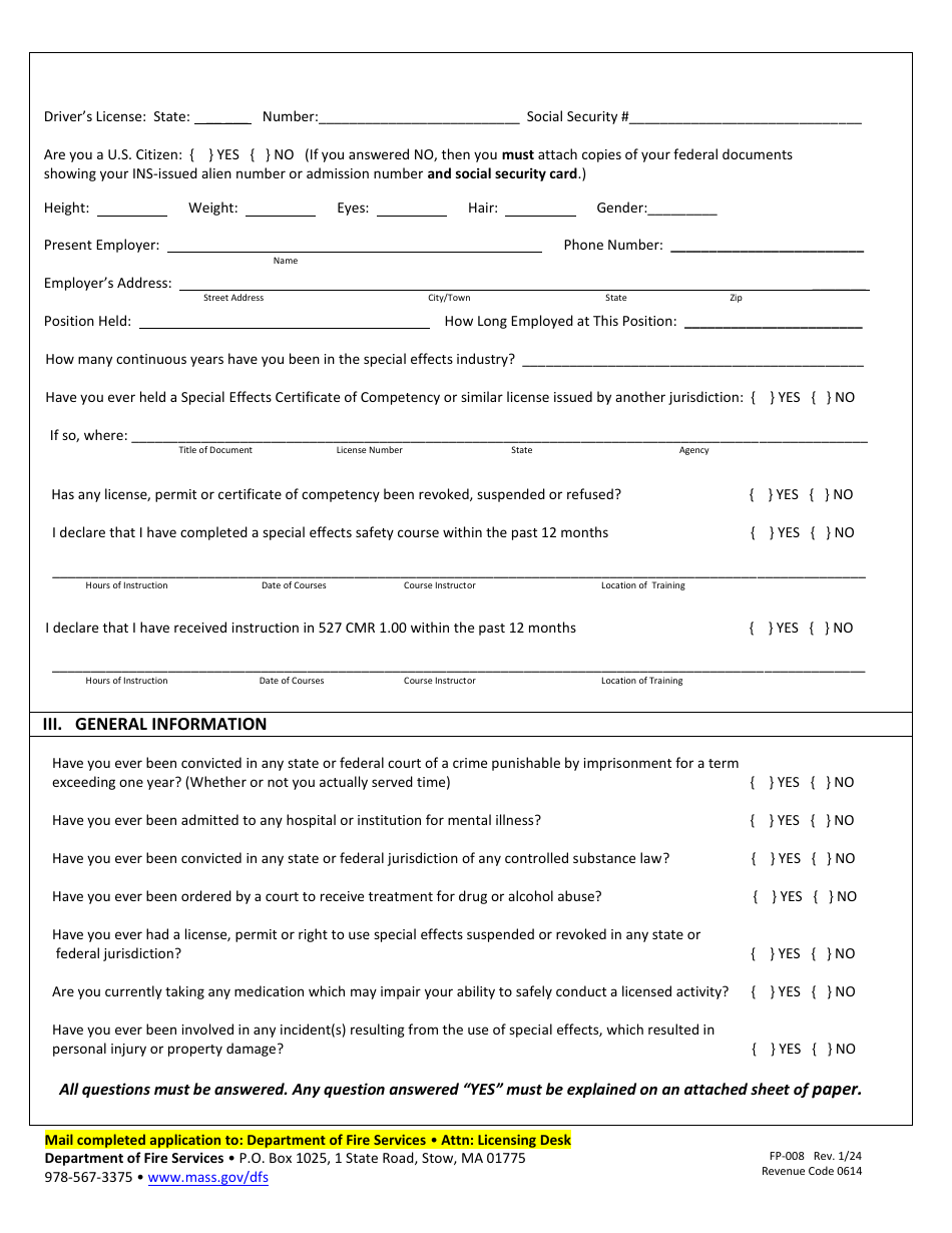 Form FP-008 Application for Special Effects Certificate of Competency - Massachusetts, Page 2
