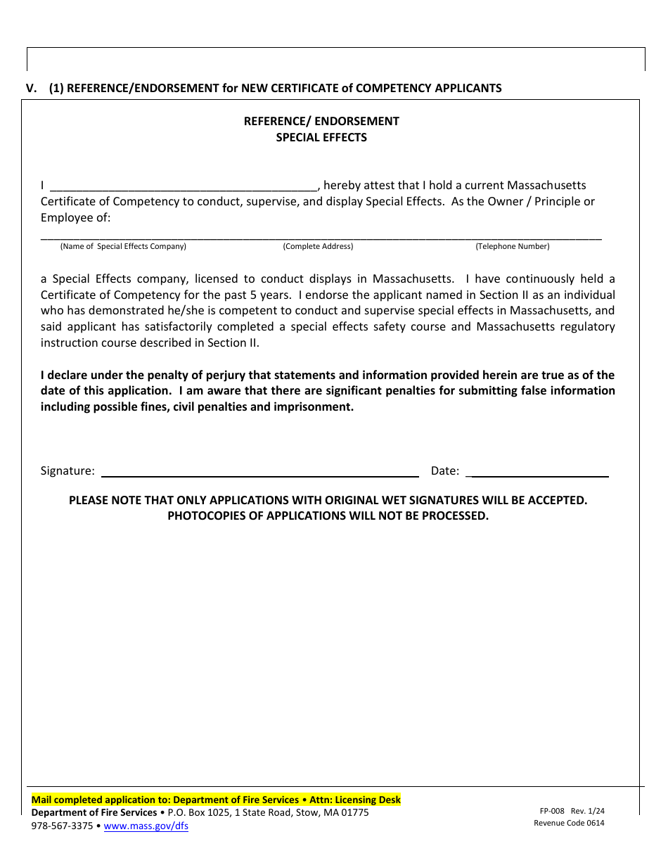 Form FP-008 Application for Special Effects Certificate of Competency - Massachusetts, Page 4