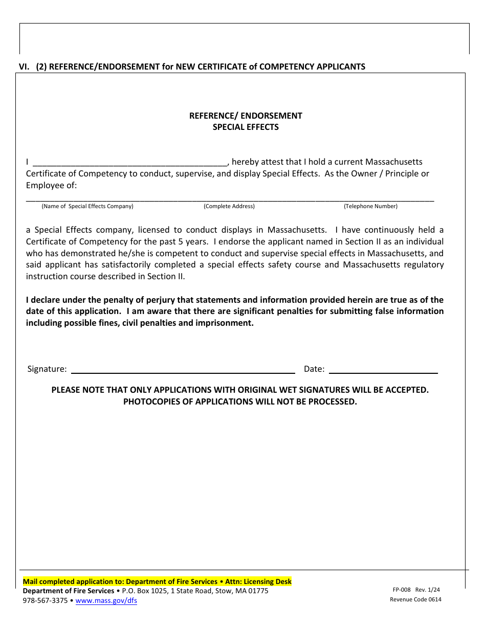 Form FP-008 Application for Special Effects Certificate of Competency - Massachusetts, Page 5