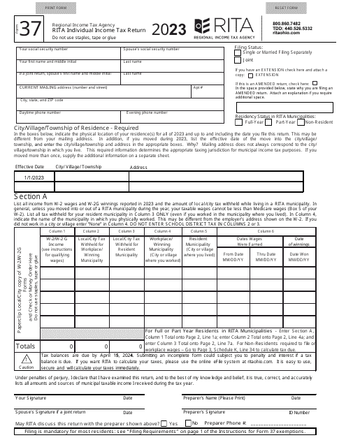 Form 37 Rita Individual Income Tax Return - Ohio, 2023
