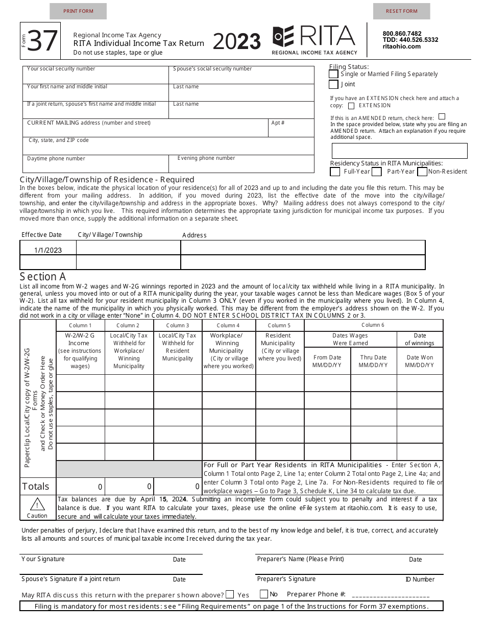 Form 37 Rita Individual Income Tax Return - Ohio, Page 1