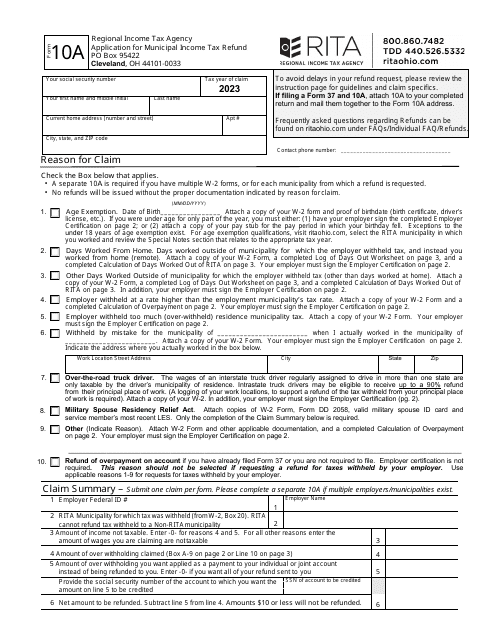 Form 10A Application for Municipal Income Tax Refund - Ohio, 2023