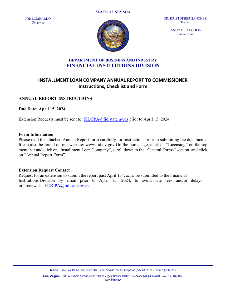 Installment Loan Company Annual Report to Commissioner - Nevada, Page 1