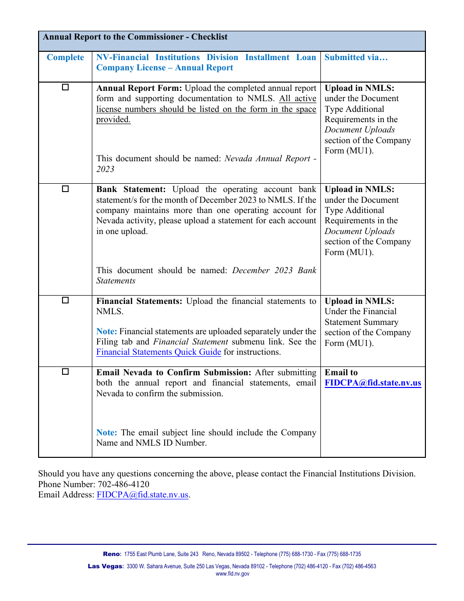 Installment Loan Company Annual Report to Commissioner - Nevada, Page 2