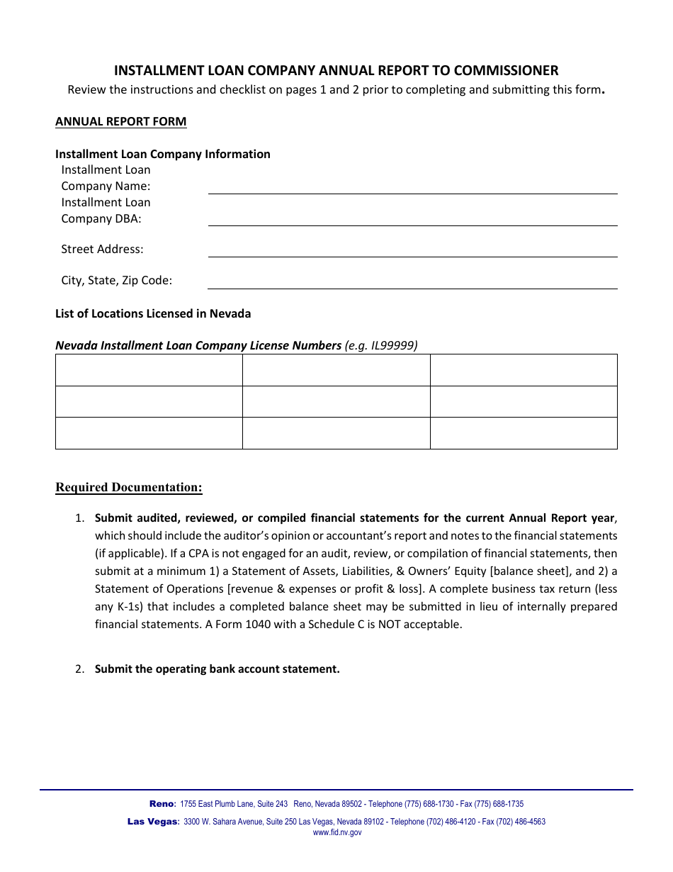 Installment Loan Company Annual Report to Commissioner - Nevada, Page 3