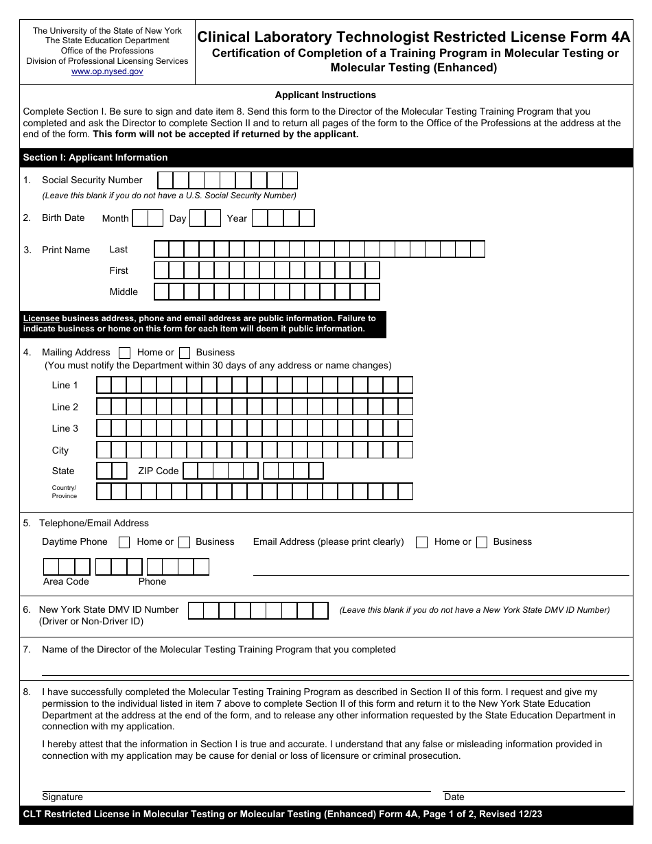 Clinical Laboratory Technologist Restricted License Form 4A Certification of Completion of a Training Program in Molecular Testing or Molecular Testing (Enhanced) - New York, Page 1