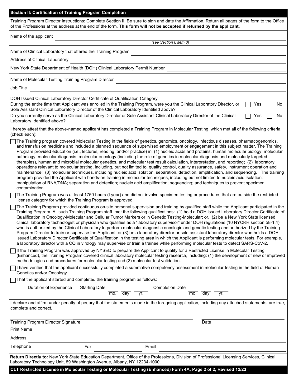 Clinical Laboratory Technologist Restricted License Form 4A Certification of Completion of a Training Program in Molecular Testing or Molecular Testing (Enhanced) - New York, Page 2