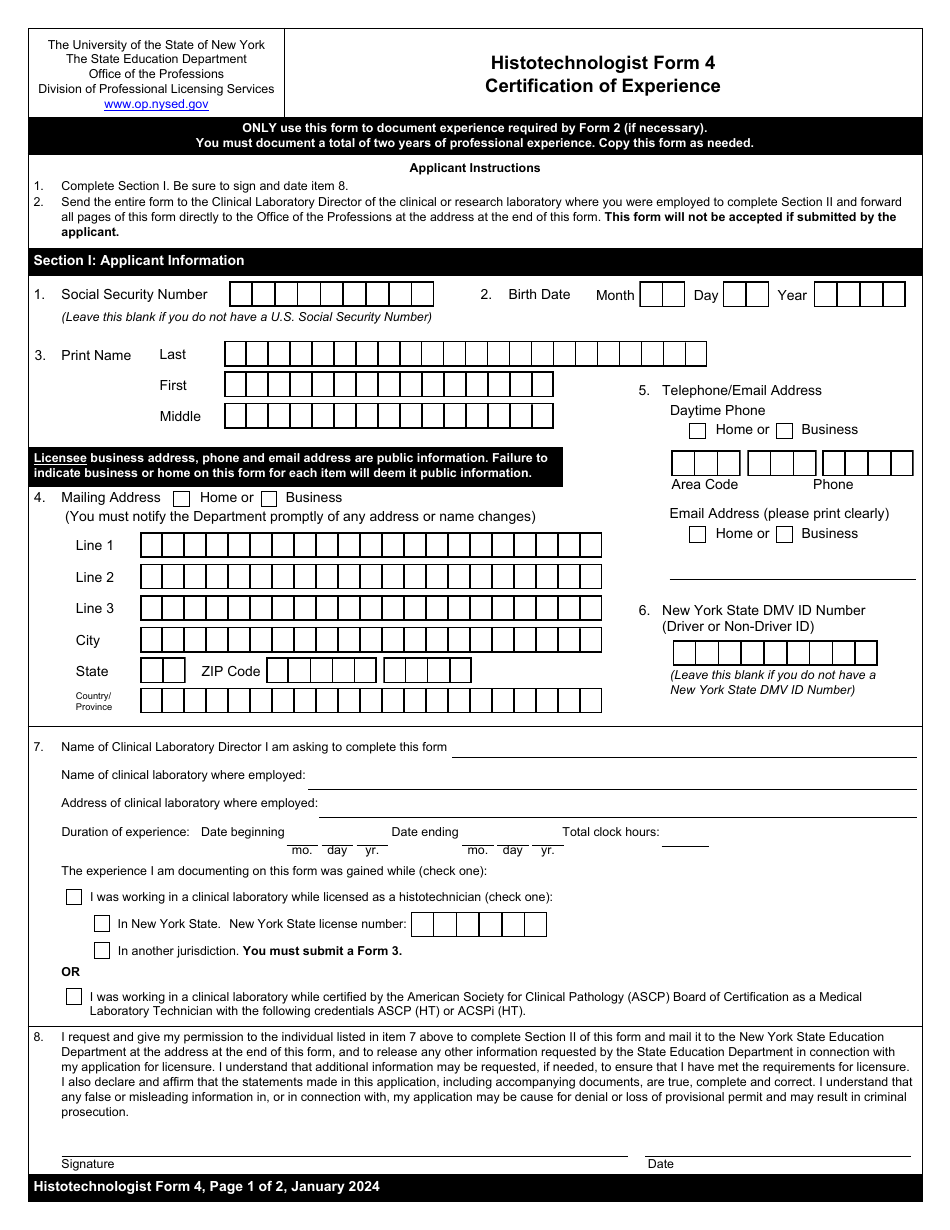 Histotechnologist Form 4 Certification of Experience - New York, Page 1