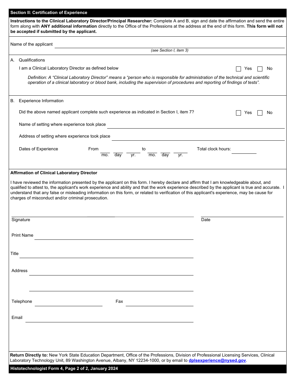 Histotechnologist Form 4 Certification of Experience - New York, Page 2
