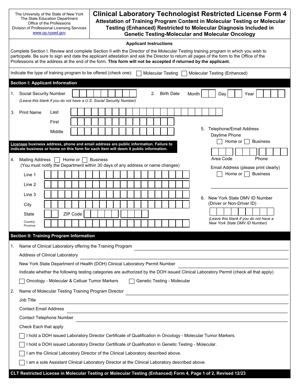 Clinical Laboratory Technologist Restricted License Form 4 Attestation of Training Program Content in Molecular Testing or Molecular Testing (Enhanced) Restricted to Molecular Diagnosis Included in Genetic Testing-Molecular and Molecular Oncology - New York, Page 1