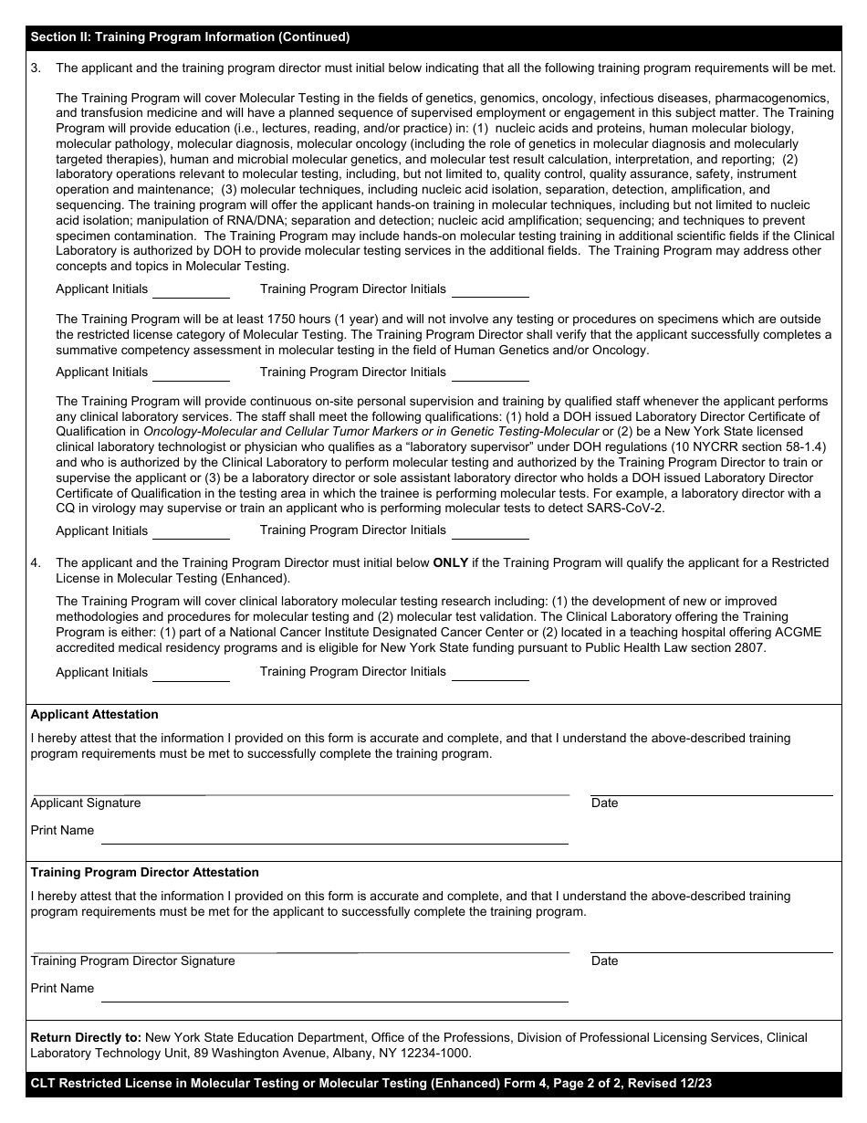 Clinical Laboratory Technologist Restricted License Form 4 Attestation of Training Program Content in Molecular Testing or Molecular Testing (Enhanced) Restricted to Molecular Diagnosis Included in Genetic Testing-Molecular and Molecular Oncology - New York, Page 2