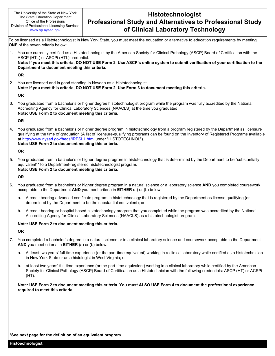 Histotechnologist Form 2 Certification of Professional Education - New York, Page 1