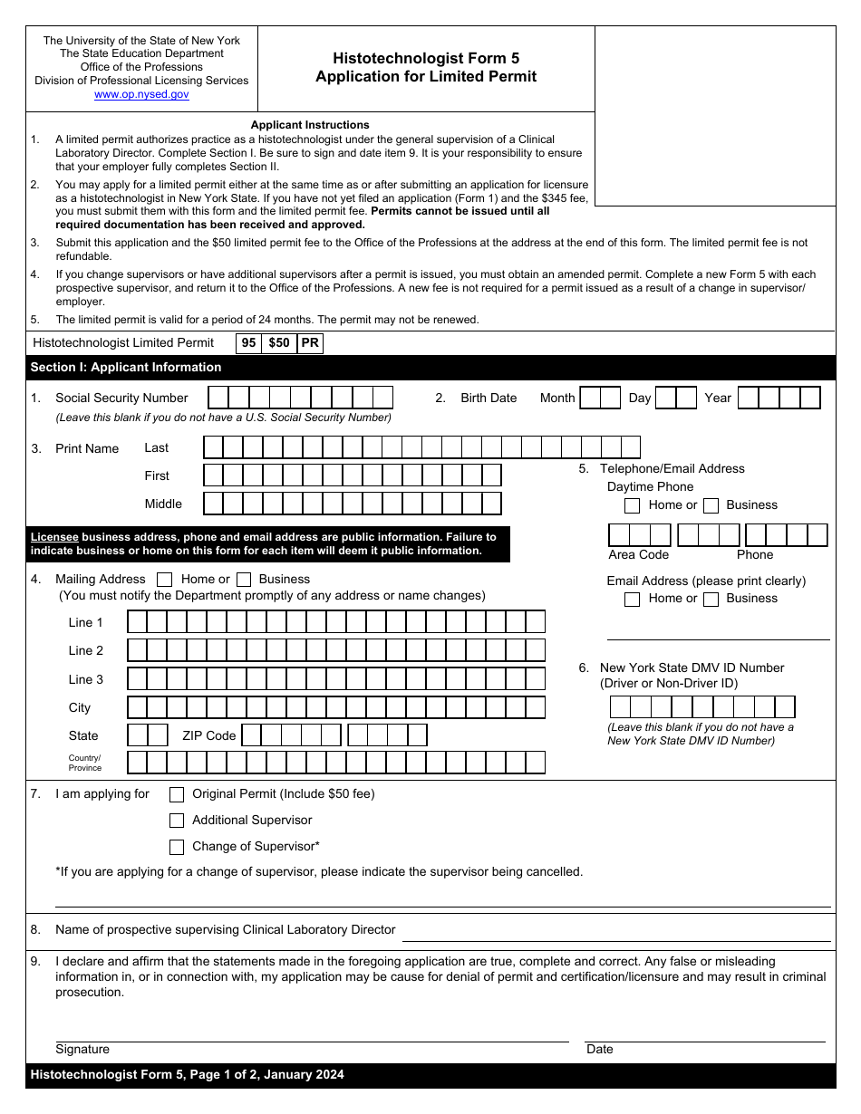 Histotechnologist Form 5 Application for Limited Permit - New York, Page 1