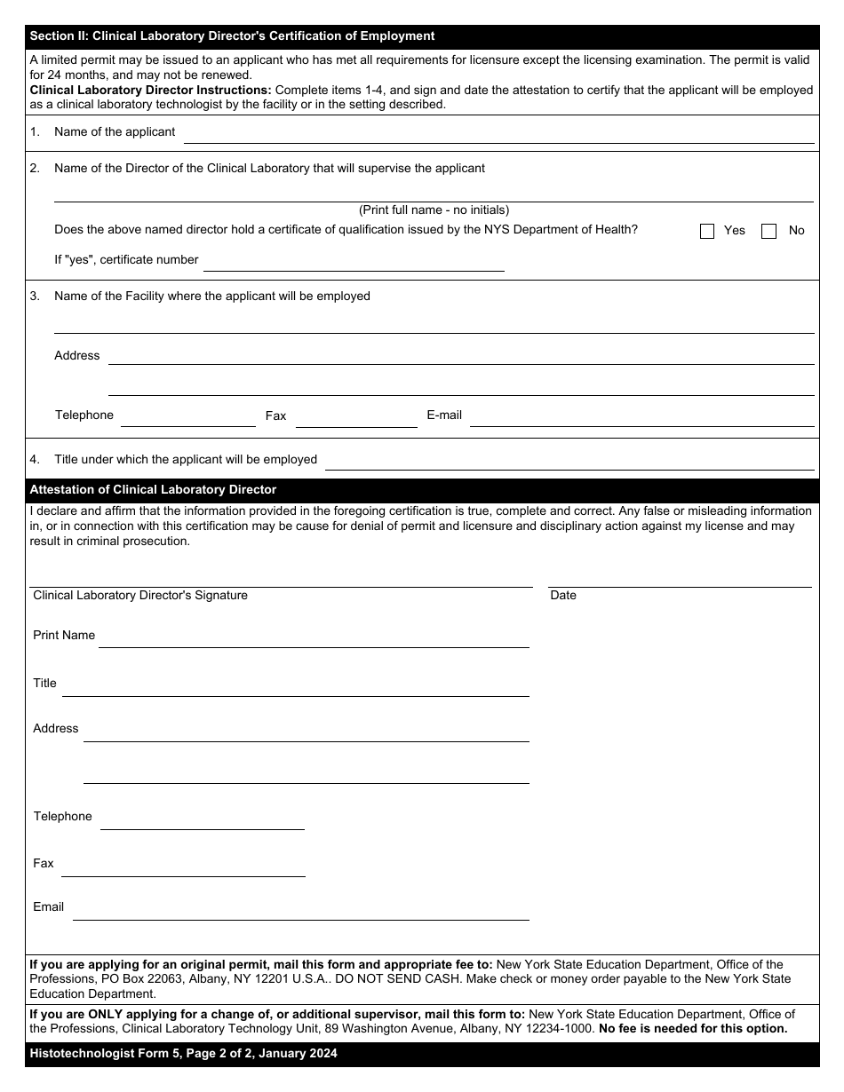 Histotechnologist Form 5 Application for Limited Permit - New York, Page 2