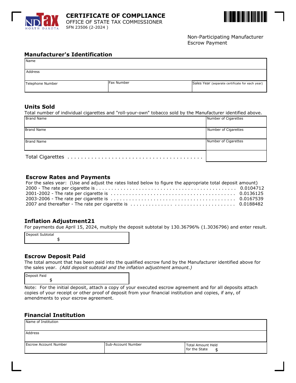 Form SFN23506 Certificate of Compliance - North Dakota, Page 1