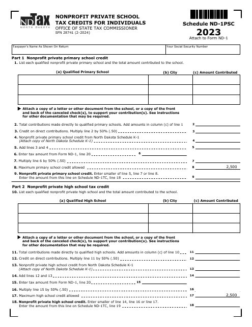 Form SFN28741 Schedule ND-1PSC Nonprofit Private School Tax Credits for Individuals - North Dakota, 2023