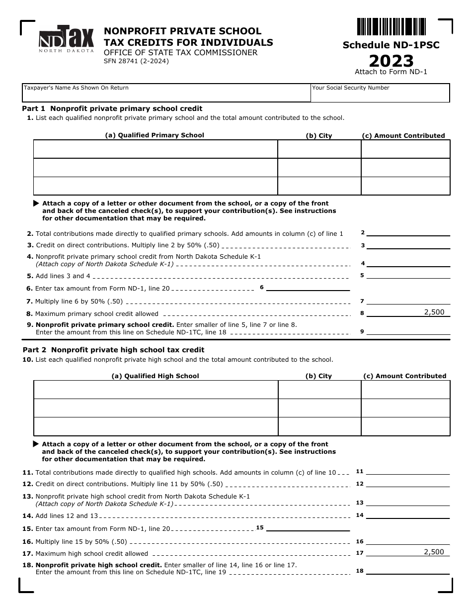 Form SFN28741 Schedule ND-1PSC Nonprofit Private School Tax Credits for Individuals - North Dakota, Page 1