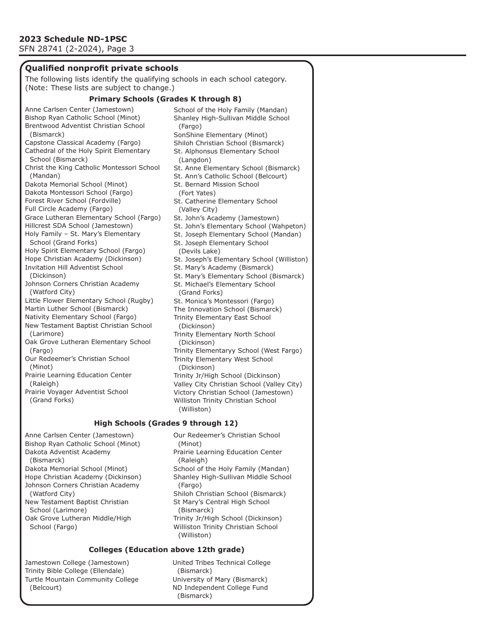 Form SFN28741 Schedule ND-1PSC Nonprofit Private School Tax Credits for Individuals - North Dakota, Page 3