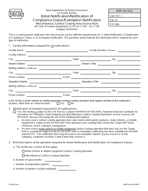 DNR Form 542-0405 Initial Notification/Notification of Compliance Status/Exemption Notification - Iowa