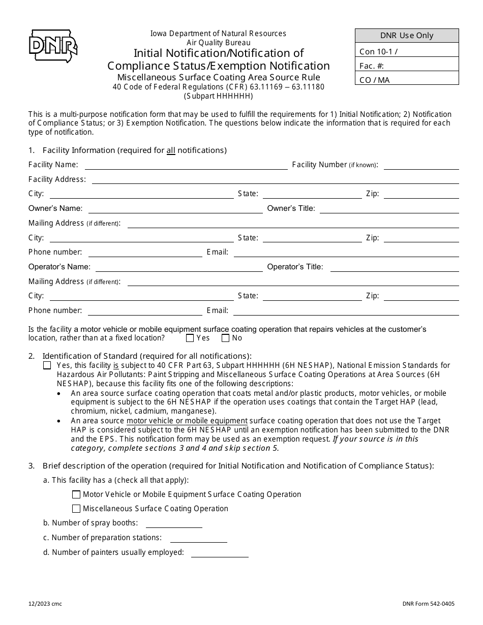 DNR Form 542-0405 Initial Notification / Notification of Compliance Status / Exemption Notification - Iowa, Page 1