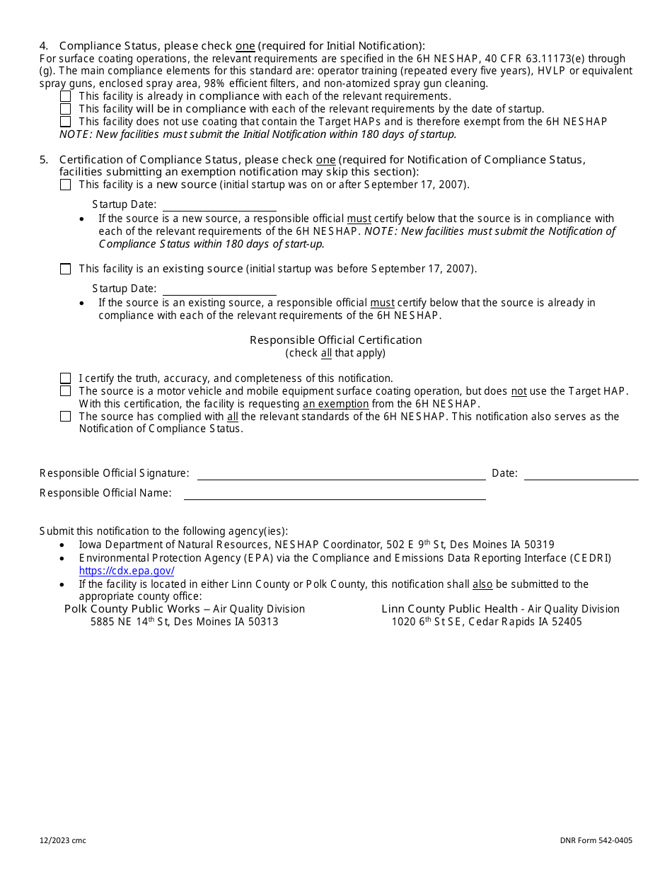 DNR Form 542-0405 Initial Notification / Notification of Compliance Status / Exemption Notification - Iowa, Page 2