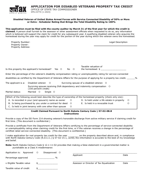 Form SFN24770 Application for Disabled Veterans Property Tax Credit - North Dakota