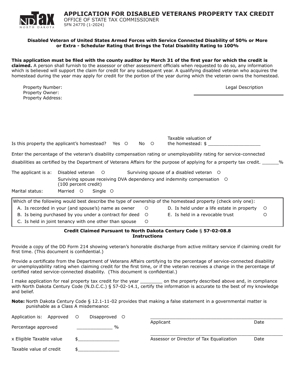 Form SFN24770 Application for Disabled Veterans Property Tax Credit - North Dakota, Page 1