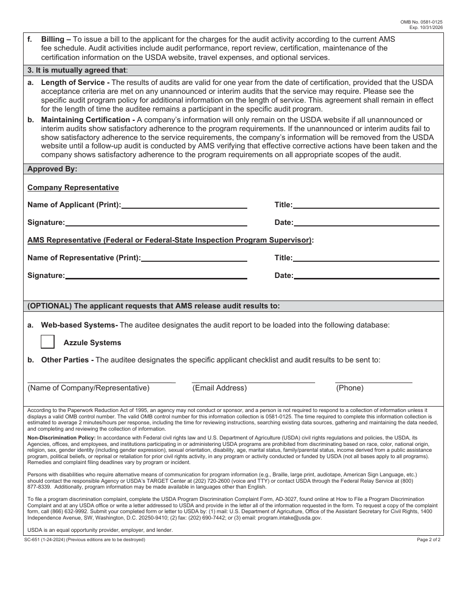 Form SC-651 Agreement for Participation in Audit Verification Services - Agricultural Marketing Service, Specialty Crops Program, Page 2