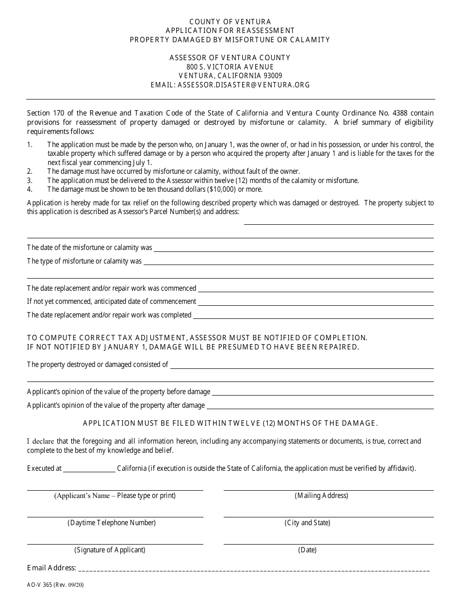 Form AO-V365 Application for Reassessment Property Damaged by Misfortune or Calamity - County of Ventura, California, Page 1