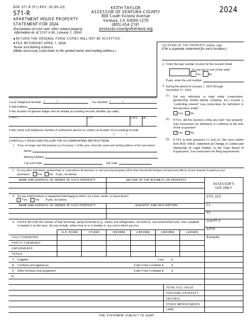 Form BOE-571-R Apartment House Property Statement - Ventura County, California, 2024
