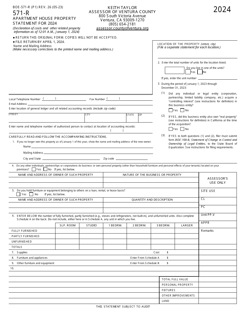 Form BOE-571-R Apartment House Property Statement - Ventura County, California, Page 1