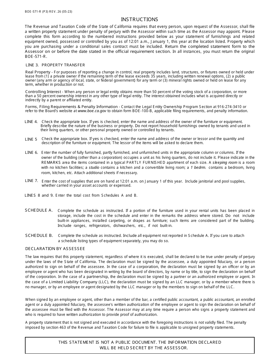 Form BOE-571-R Apartment House Property Statement - Ventura County, California, Page 3