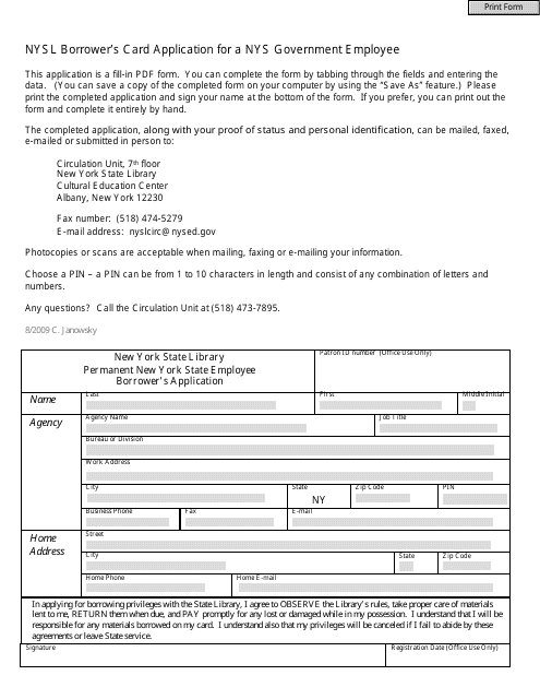Nysl Borrower's Card Application for a NYS Government Employee - New York Download Pdf