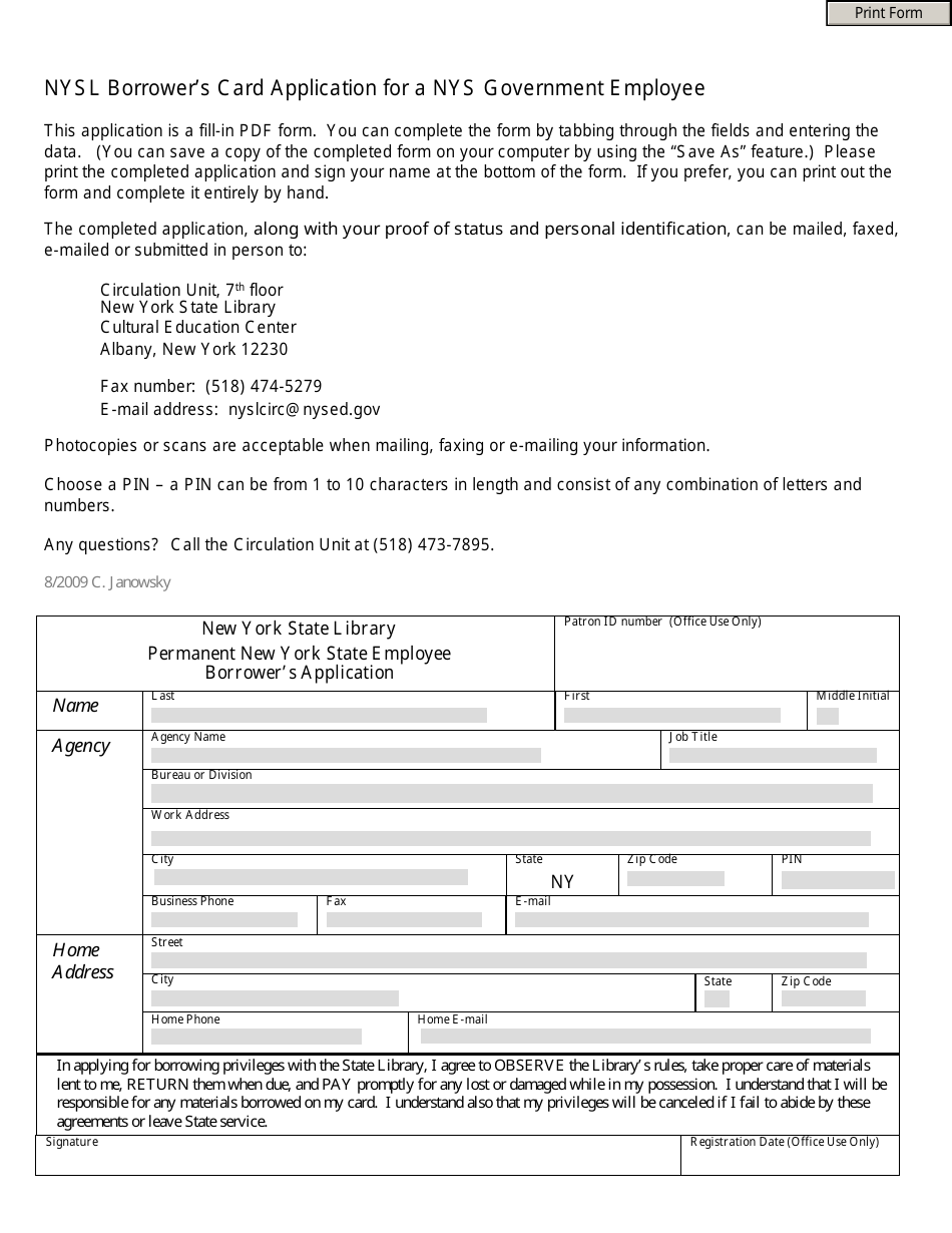 Nysl Borrowers Card Application for a NYS Government Employee - New York, Page 1