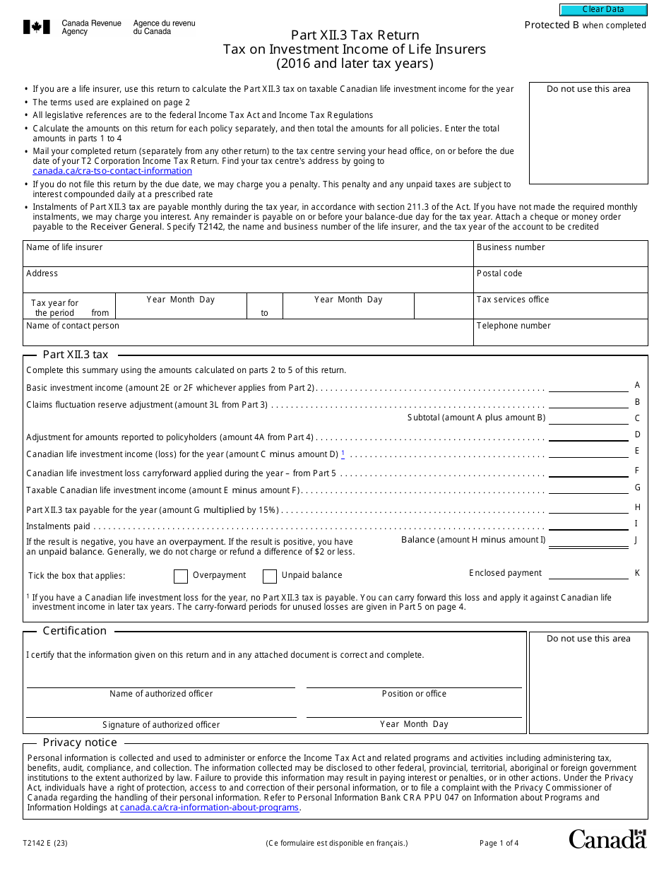 Form T2142 Part XII.3 Tax Return Tax on Investment Income of Life Insurers (2016 and Later Tax Years) - Canada, Page 1