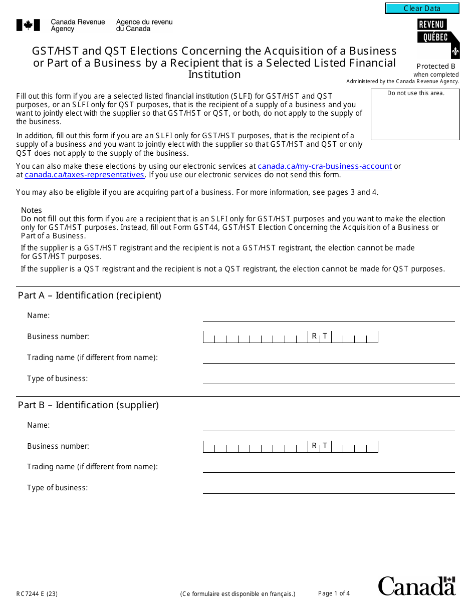 Form RC7244 Download Fillable PDF or Fill Online Gst/Hst and Qst ...