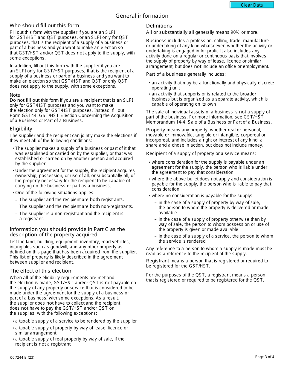 Form RC7244 Gst / Hst and Qst Elections Concerning the Acquisition of a Business or Part of a Business by a Recipient That Is a Selected Listed Financial Institution - Canada, Page 3