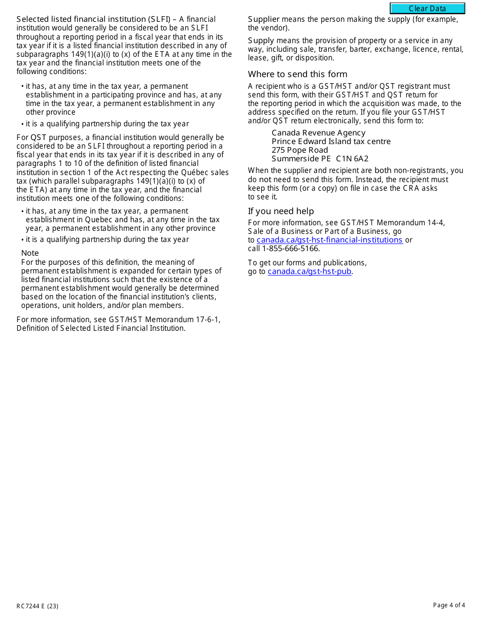 Form RC7244 Gst / Hst and Qst Elections Concerning the Acquisition of a Business or Part of a Business by a Recipient That Is a Selected Listed Financial Institution - Canada, Page 4