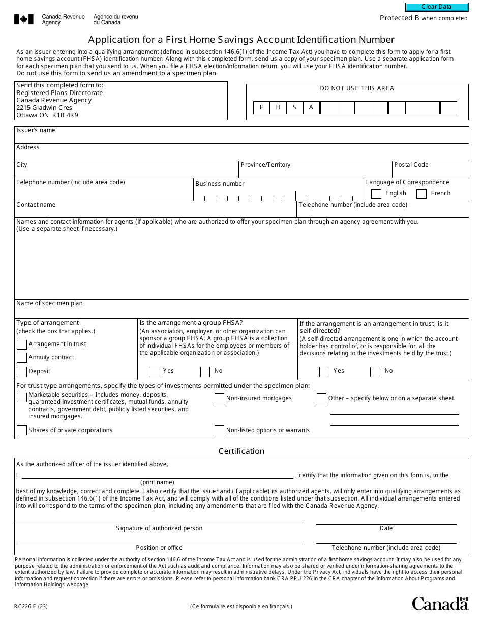 Form RC226 Application for a First Home Savings Account Identification Number - Canada, Page 1