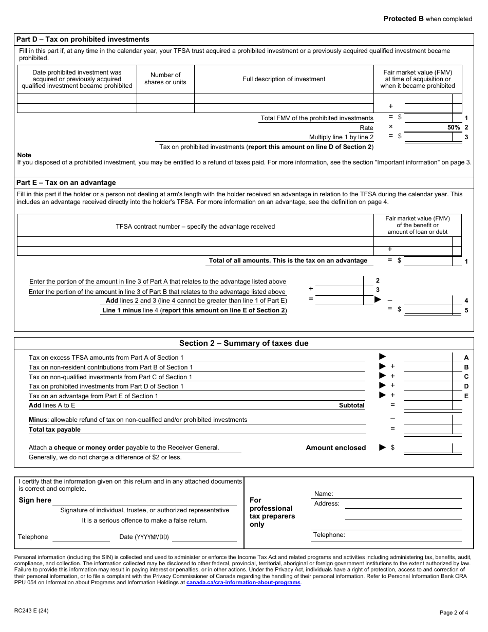 Form RC243 Tax-Free Savings Account (Tfsa) Return - Canada, Page 2