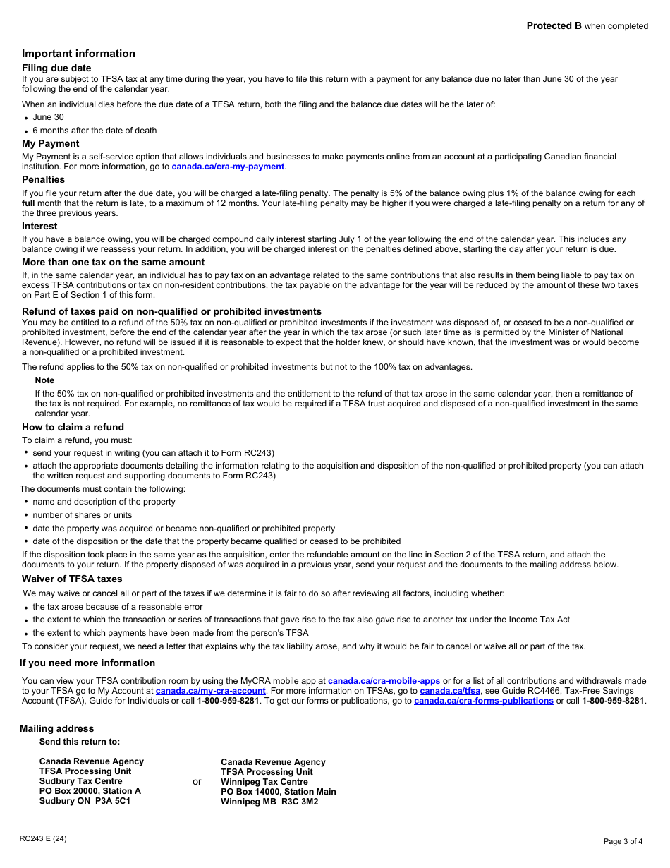 Form RC243 Tax-Free Savings Account (Tfsa) Return - Canada, Page 3