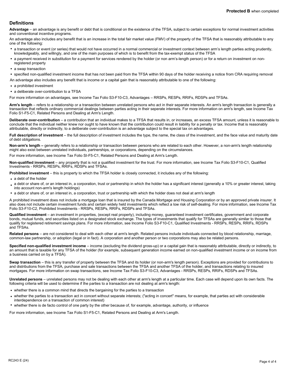 Form RC243 Tax-Free Savings Account (Tfsa) Return - Canada, Page 4