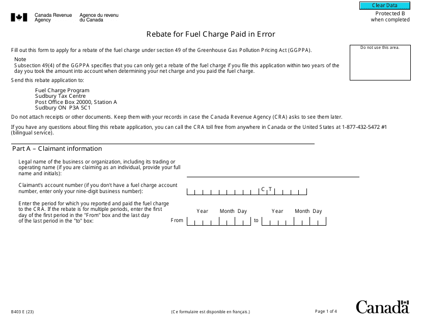Form B403 Rebate for Fuel Charge Paid in Error - Canada