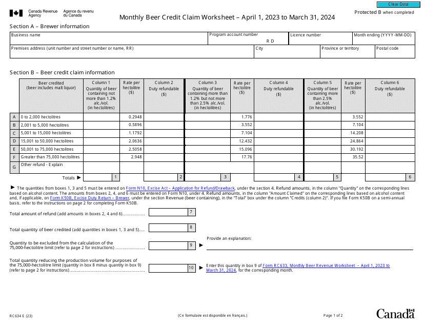 Form RC634 Monthly Beer Credit Claim Worksheet - April 1, 2023 to March 31, 2024 - Canada