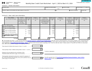Form RC634 Monthly Beer Credit Claim Worksheet - April 1, 2023 to March 31, 2024 - Canada